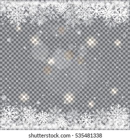 Winter falling snow. Snowflake closeup and light reflect effect isolated on transparent backdrop. Christmas and New Year snowfall template