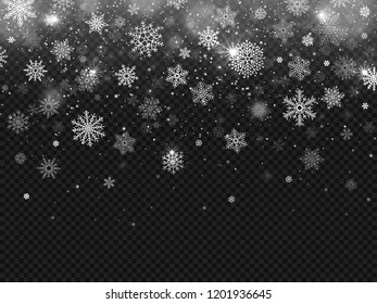 Winter falling snow. Snowflakes fall, christmas decorations snowflake and snowed flakes snowstorm. Falling flake drops dust splash new year magical storm isolated vector background