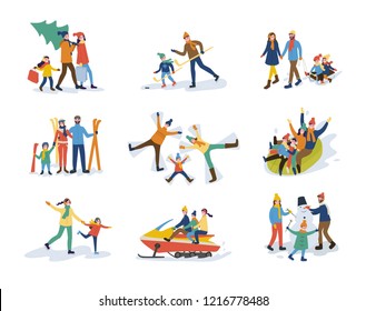 Winter family activities, children and parents vector. Mother and father carrying pine evergreen tree skiing and creating snowman. Skating sledge ride