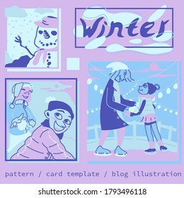 Winter family activities illustration on pastel colors and cartoon style. Happy kids play snow fight, mother and daughter skiing, snowman and winter lettering. Hand drawn cute illustration for cards.