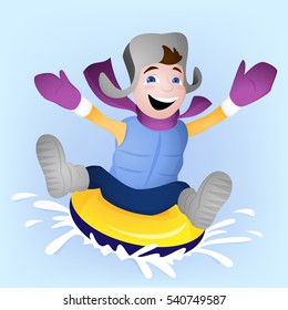 Winter family activity with boy snowtubing