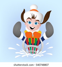 Winter family activity with girl sledging 