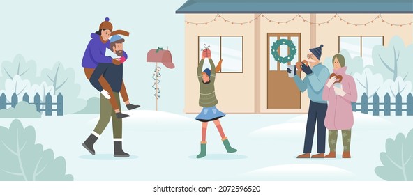 Winter Family Activity, People Play Outdoor In Snow Landscape Vector Illustration. Cartoon Grandmother Grandfather Father Mother Child Characters Playing In House Yard, Have Fun Together Background