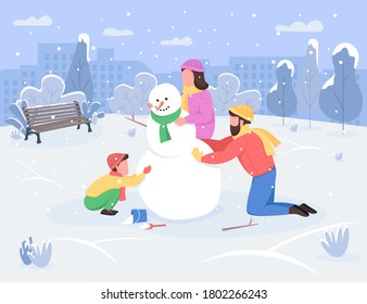 Winter family activity semi flat vector illustration. Decorate snowman in december weather. Mother and father play with son. Parents and children 2D cartoon characters for commercial use