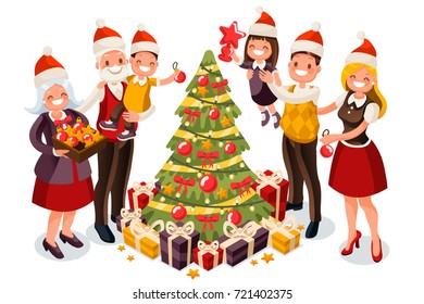 Winter family christmas tree isolated. 3D flat isometric people vector cartoon characters.