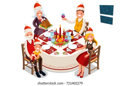 Winter Family Dinner Party Merry Christmas Eve. 3D Flat Isometric People And Food Vector Cartoon Characters.