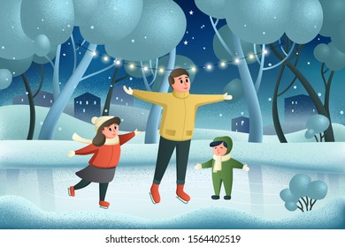 Winter family fun holiday card. Young father and his children ice skating in a winter park. Merry christmas and happy new year. Cartoon characters, it's snowing winter background, greeting card