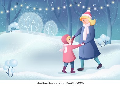 Winter family fun holidays card. Happy cartoon characters, mother walks with her daughter in a winter park, merry christmas and happy new year
