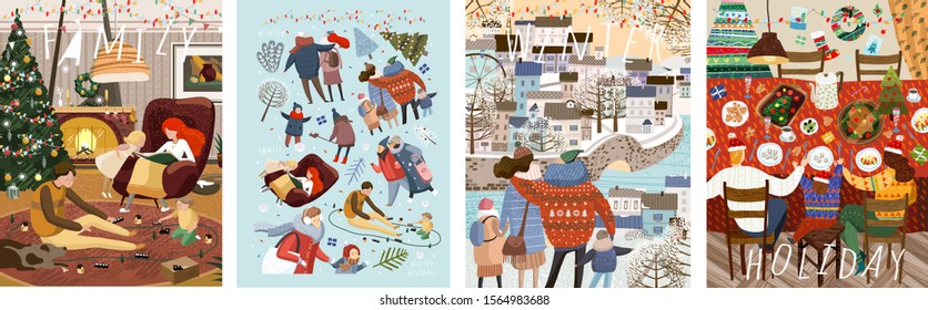 Winter Family Holidays. Cute Vector Illustration Of A Family At A Table For Dinner Or Lunch In The New Year And Christmas, For A Walk In The City And At Home In A Cozy Living Room. Drawings For Card