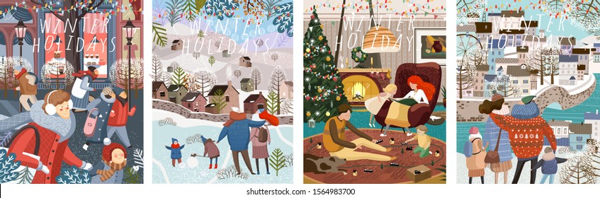 Winter family holidays. Cute vector illustration of a family and people shopping in the New Year and Christmas, walking in the city and at home in a cozy living room. Drawings for card, background or 