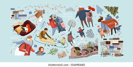 Winter family holidays. Vector isolated illustrations of family and people shopping in the New Year and Christmas, walking in the city and at home in the living room. Drawings of the city and the hous