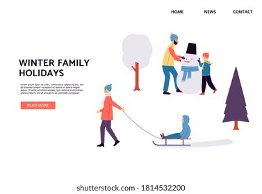 Winter family holidays web banner with cartoon people having outdoor fun, flat vector illustration. Landing or website page interface for winter vacation.