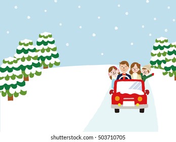 Winter Family on Car Driving to Travel, Vacations, Holiday, Journey Trips, Transportation