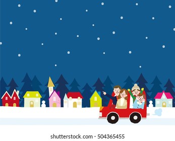 Winter Family on Car Driving to Travel, Vacations, Holiday, Journey Trips, Transportation