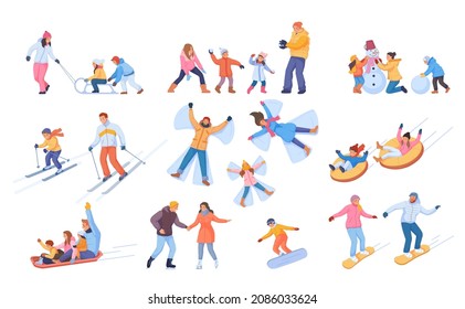 Winter family recreation. People christmas vacation, activity outdoor, ski sled sport sledge snowboard, snow angel, safety sledding tubing ice skating rink vector illustration. Winter family time