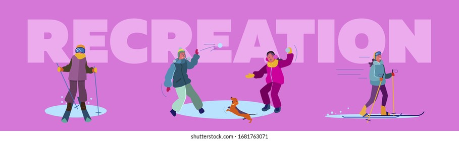 Winter family recreation set. Kids skiing, playing snowballs, country landscape with cottage. Flat vector illustrations. Vacation, activity concept for banner, website design or landing web page