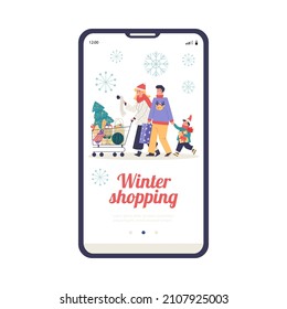 Winter family shopping thematic of onboarding mobile screen, cartoon flat vector illustration. Phone screen user interface design with family making Christmas shopping.