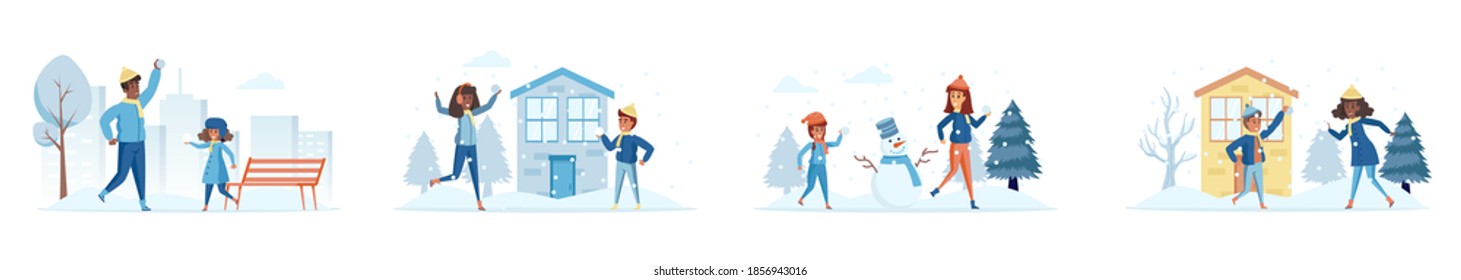 Winter family vacation bundle of scenes with people characters. Parents play snowballs with kids conceptual situations. Wintertime holidays, outdoors activities and fun cartoon vector illustration.