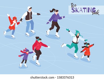 Winter family vacation holiday outdoor activities isometric composition with parents and kids enjoying ice skating vector illustration 