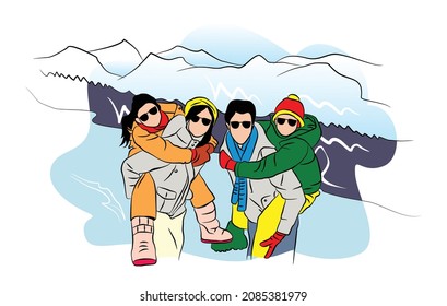 winter family vacation illustration flat design. Snow mountain background. vector