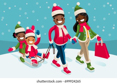 Winter family vacations black isometric people smiling in isometric cartoon style vector illustration