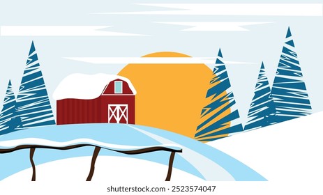 Terra de fazenda de inverno coberta de neve. Natureza e vida rural durante o vetor da estação fria