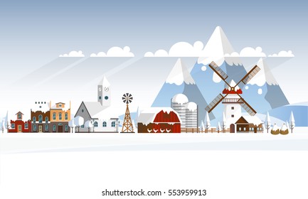 Winter Farmland Landscape in Flat Design. Vector Illustration.