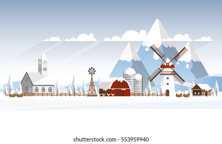 Winter Farmland Landscape in Flat Design. Vector Illustration.