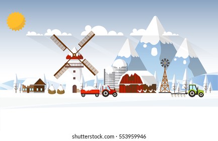 Winter Farmland Landscape in Flat Design. Vector Illustration.