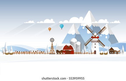 Winter Farmland Landscape in Flat Design. Vector Illustration.