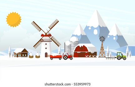 Winter Farmland Landscape in Flat Design. Vector Illustration.