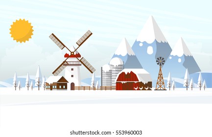 Winter Farmland Landscape in Flat Design. Vector Illustration.