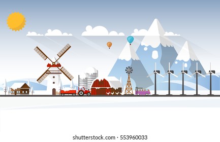 Winter Farmland Landscape in Flat Design. Vector Illustration.