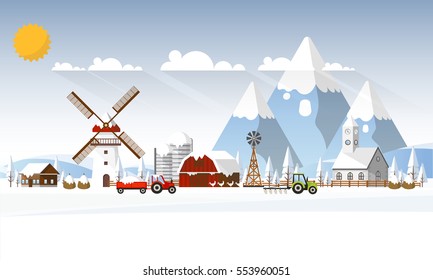 Winter Farmland Landscape in Flat Design. Vector Illustration.