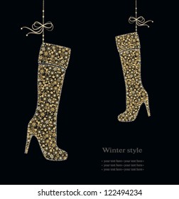 Winter fashion boots from golden snowflakes.Vector