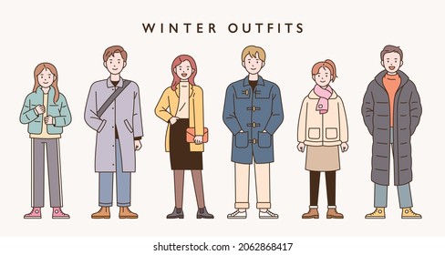 Colección de caracteres de moda de invierno. ilustración vectorial de estilo de diseño plano.