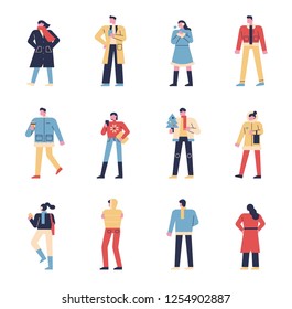 winter fashion character set concept illustration. flat design vector graphic style.