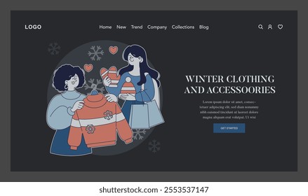 Winter Fashion concept. Customers enjoy selecting cozy winter apparel and gifts in a festive shop atmosphere. Warm sweaters and holiday cheer. Vector illustration.