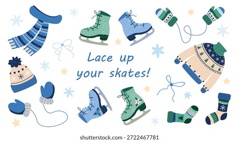 Colección de Elementos de moda de invierno, suéter de lana, bufanda, guantes, sombrero, mitones, calcetines festivos y patines. Ilustración vectorial en tonos azules
