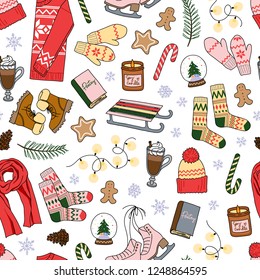 Winter fashion essentials hand drawn vector seamlss pattern. for holiday wrapping paper, gift packaging, postcard, print, stickers, social media.