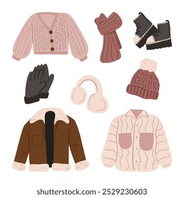 Winter Fashion Essentials Illustration Set. A collection of 8 cozy winter fashion items, including cardigans, scarves, boots, earmuffs, and jackets. Perfect for adding warmth and style to any design