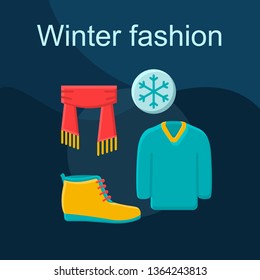Winter fashion flat concept vector icon. Shopping idea cartoon color illustrations set. Warm outfit. Clothing store. Menswear. Knitted sweater, scarf, boot. Isolated graphic design element