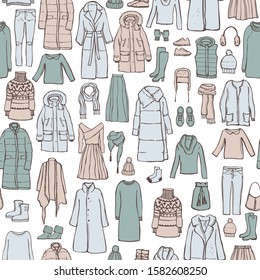 Winter  fashion. Hand drawn women's clothing and shoes. Vector  seamless  pattern. Sketch illustration