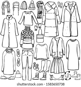 Winter  fashion. Hand drawn women's clothing and shoes. Vector sketch  illustration.