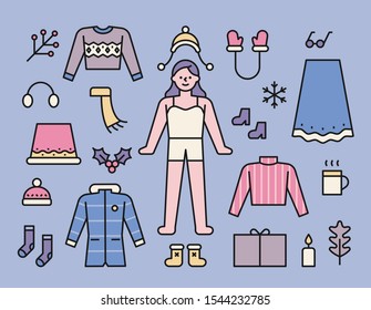 Winter fashion items and girl character. A set of character costumes to change clothes. flat design style minimal vector illustration.