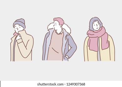 winter fashion people set. hand drawn style vector design illustrations.
