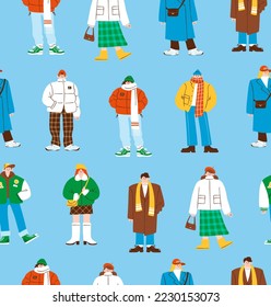 Winter fashion seamless pattern. Vector illustration of stylish people wearing casual clothes like coats, jackets, hats, scarves.Trendy outerwear in cute hand drawn style.
