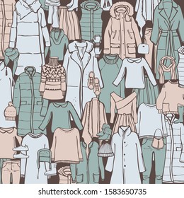 Winter  fashion.  Vector  background with hand drawn women's clothing and shoes. 