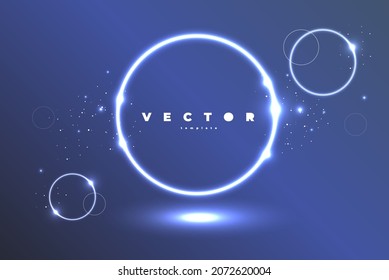 Winter fashion vector template with shiny white circles and snow flakes on the blue blurred background