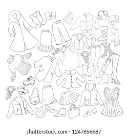 Winter fashion woman's collection. Set of clothes, shoes and accessories. Vector illustration, hand drawn sketch.